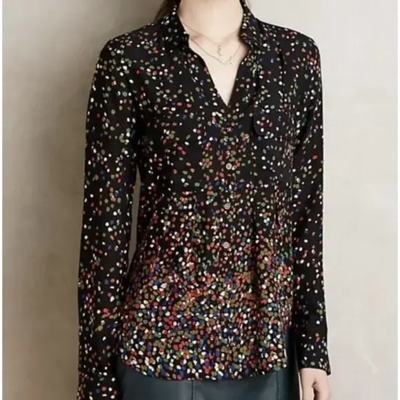 MAEVE Anthropologie Confetti Print Button Front Shirt Size 4 Black Multicolor - Picture 2 of 10
